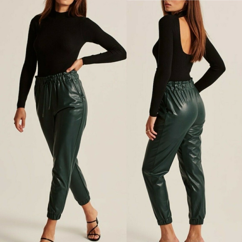 NWT Abercrombie & Fitch Green Faux Leather Joggers Size Small Sweatpants NEW S